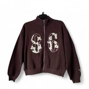 Fourteen Twelve Brown Zip-Up Sweater with 86 Print